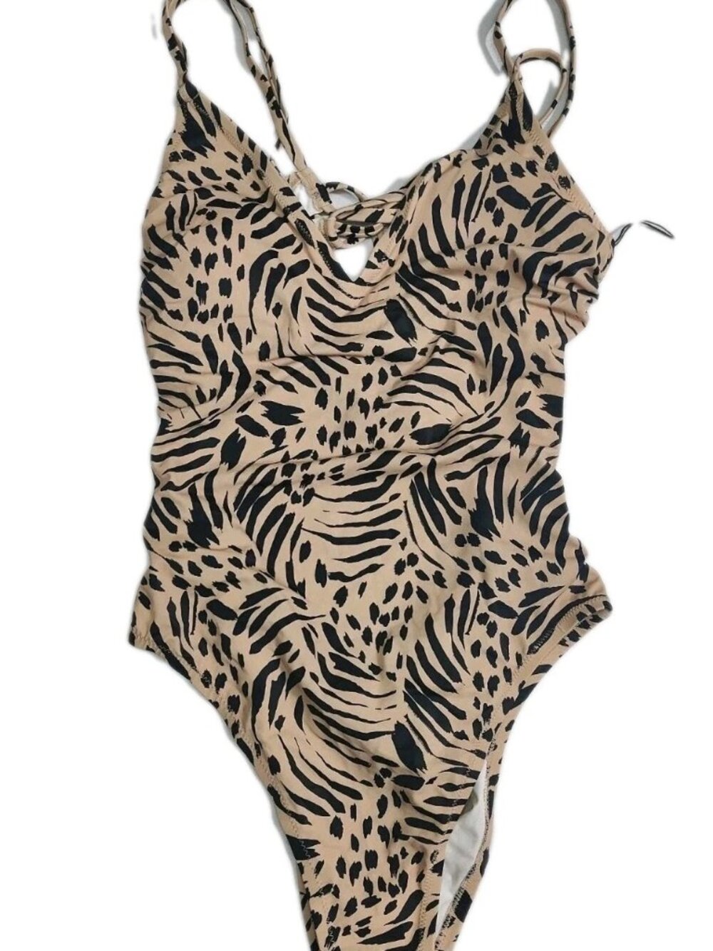 Shade & Shore Tan Double Strap Tie Back One Piece Swimsuit Animal Print Large